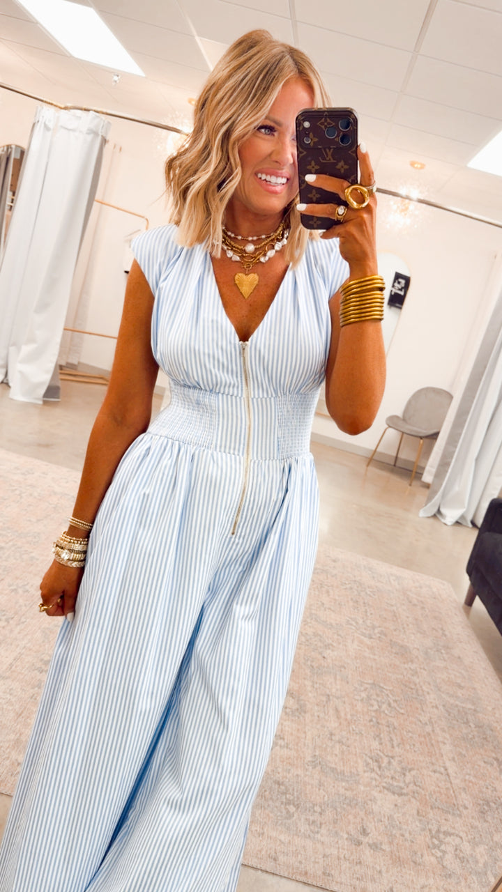 The Blue Bay Jumpsuit-Blue/White