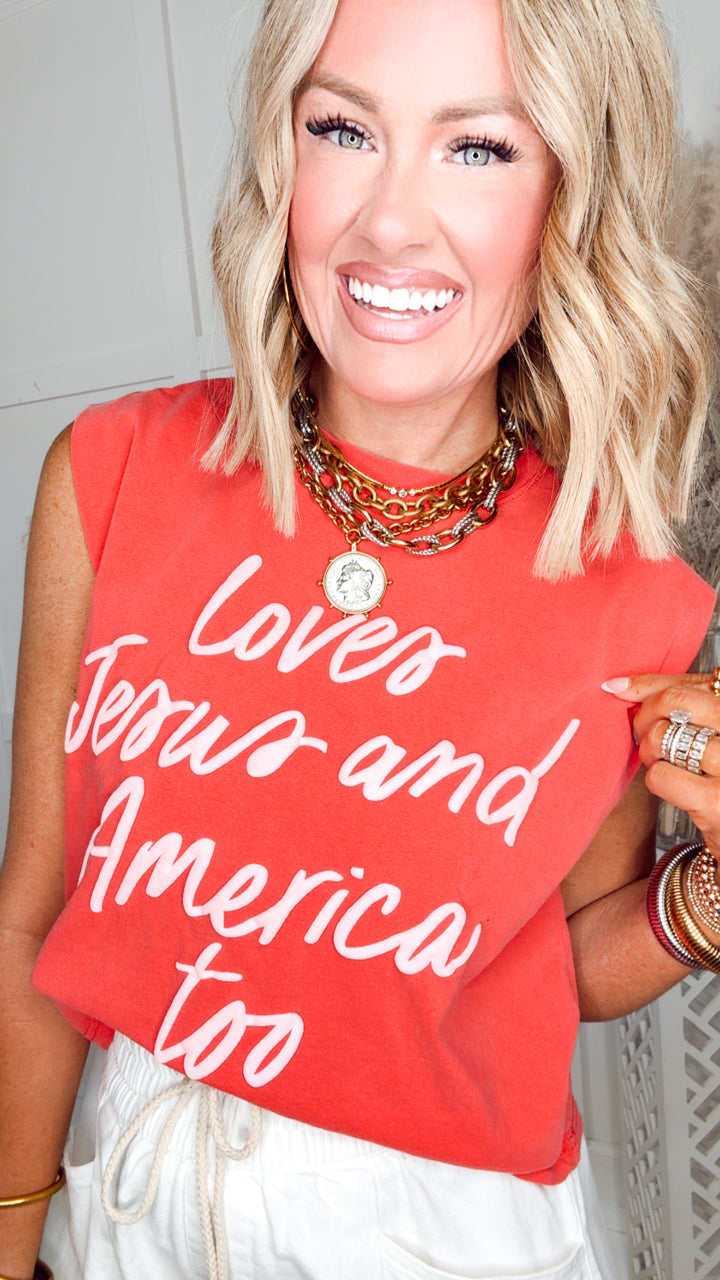 Loves Jesus and America too Muscle Tank