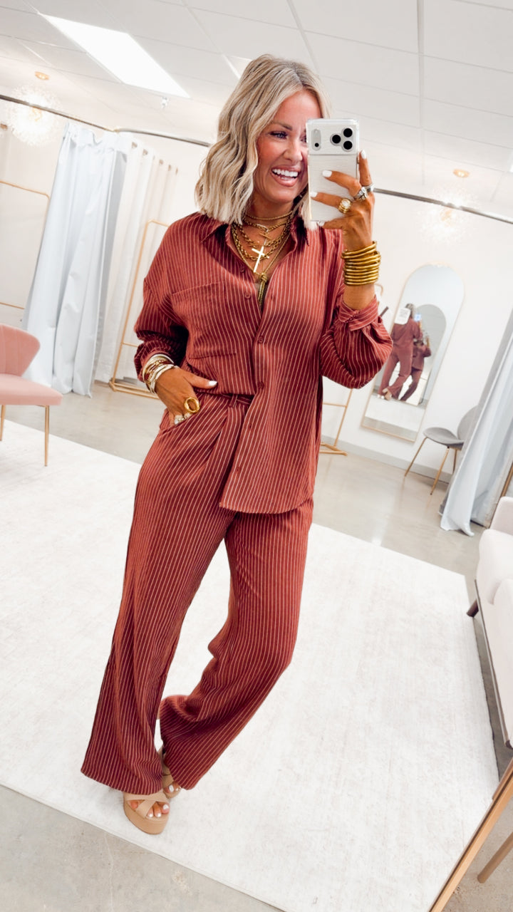 Lexi Pinstripe Top & Pants Set-Burgundy