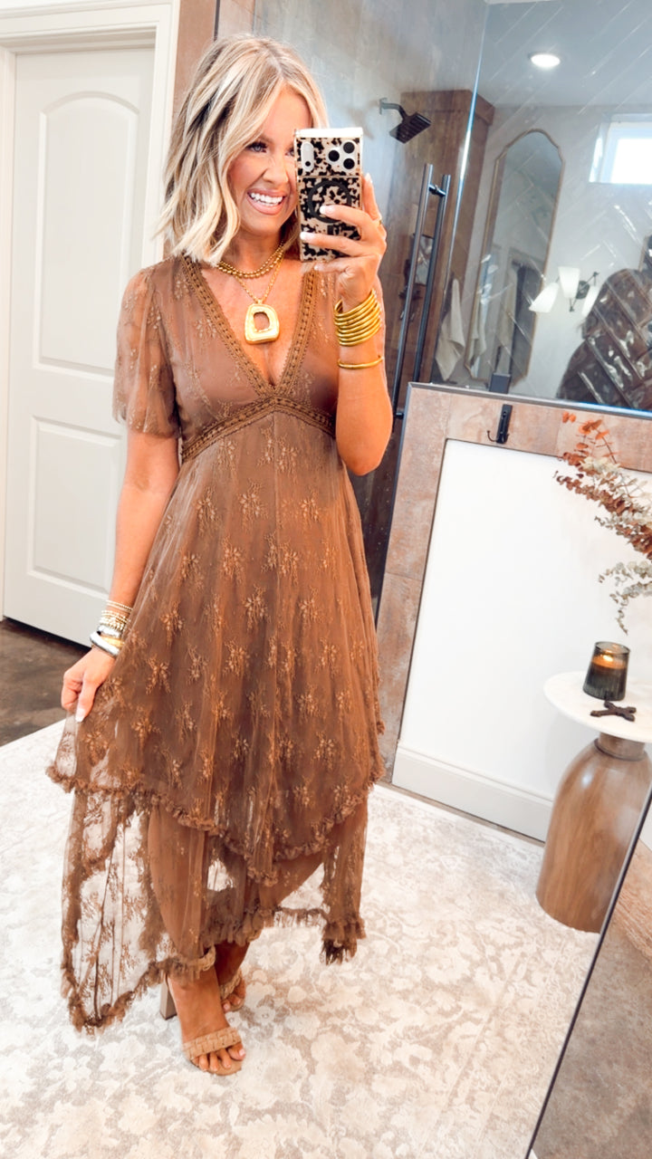 Embellished Lace Hem Dress-Brown