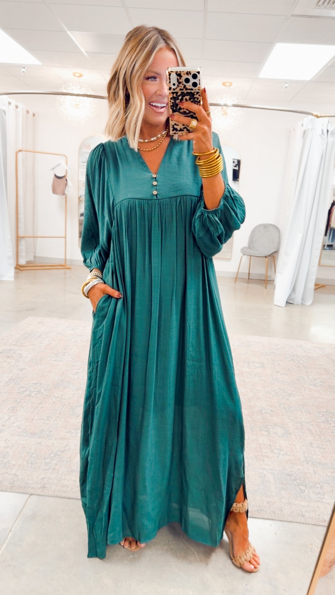 Bell Sleeve Midi Dress-Hunter Green