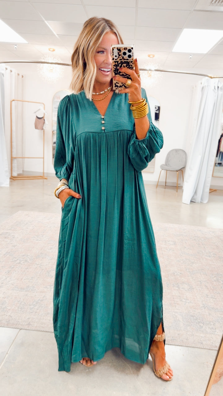 Bell Sleeve Midi Dress-Hunter Green