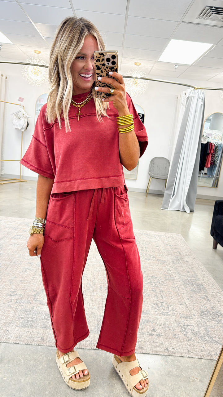 The Retreat Barrel Pants Set-Wine
