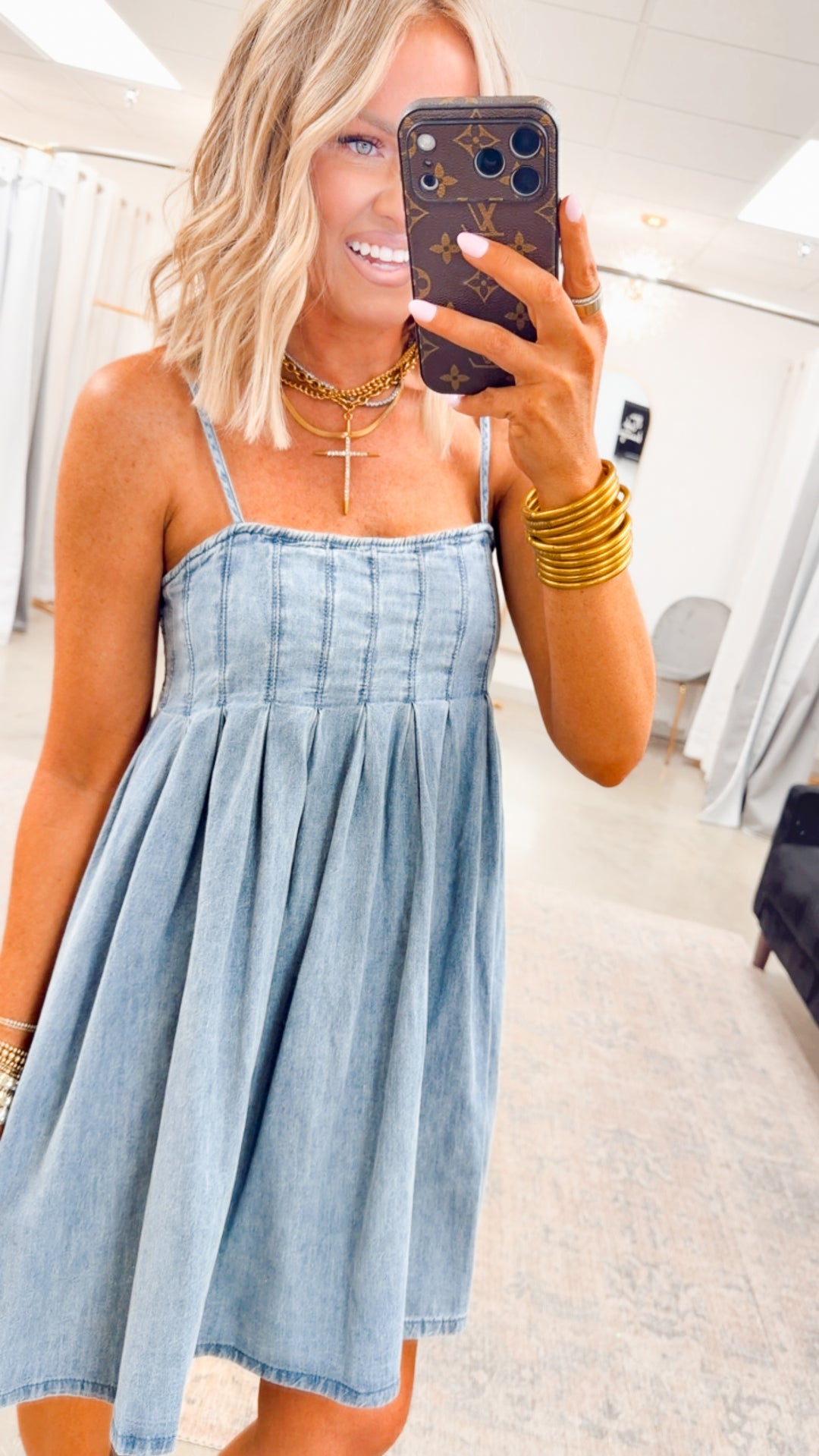Teagan Pleated Mini Dress-Medium Denim