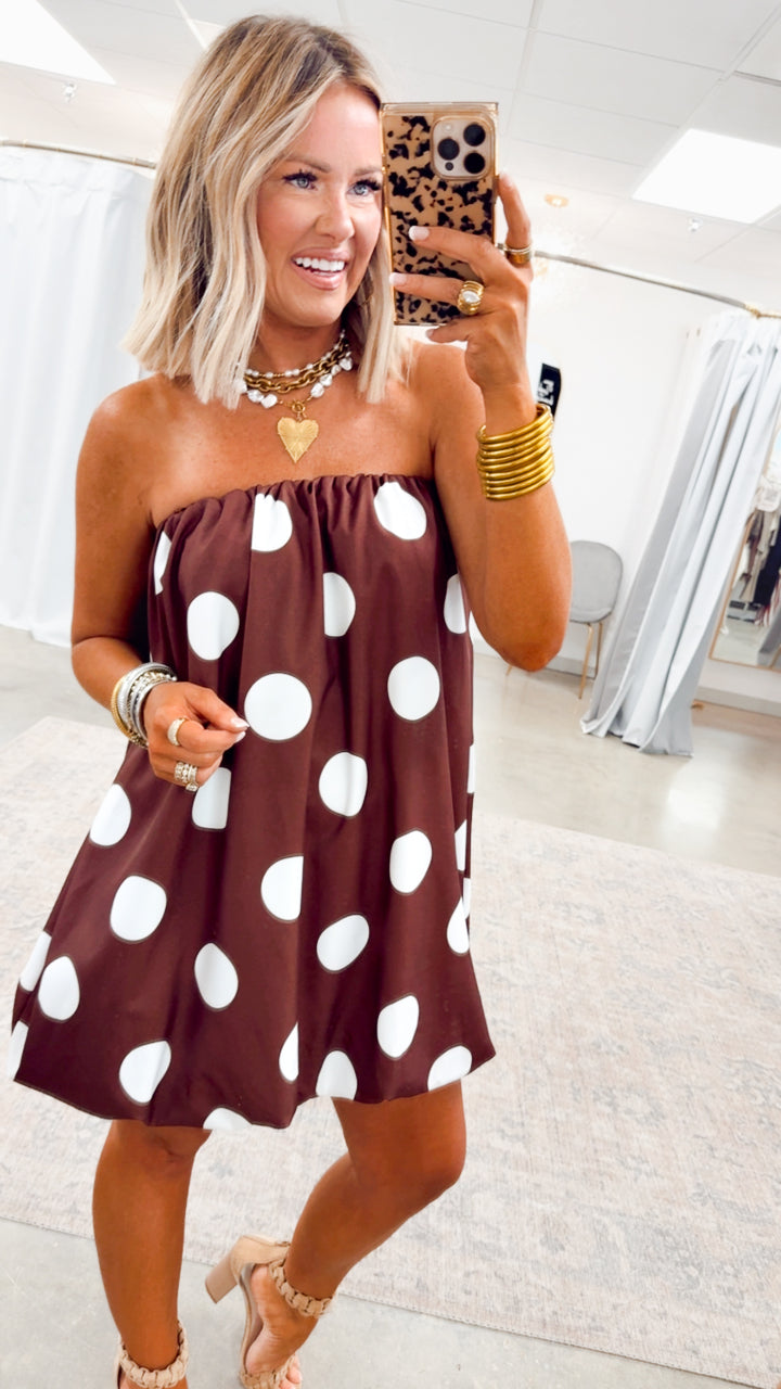 Darling Polka Dot Bubble Hem Dress-Brown/Ivory