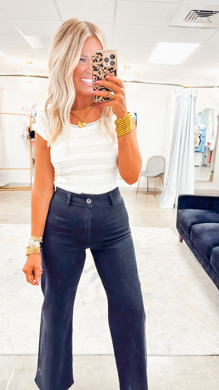 Ruffle Lace Trim Knit Crop Top- Ivory