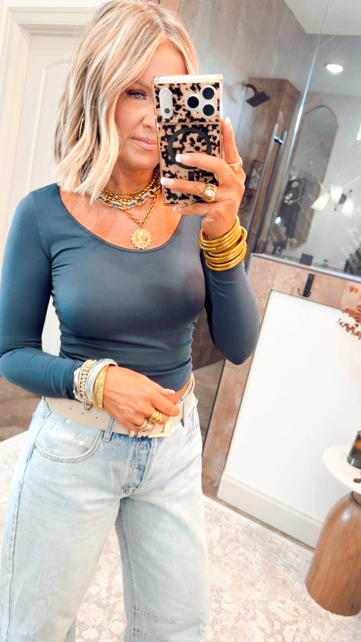 Basic Long Sleeve Scoop Neck Top-Forest Night