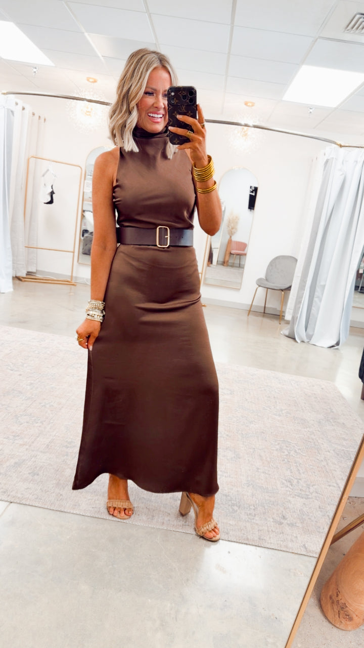 Halo High Neck Midi Dress-Brown
