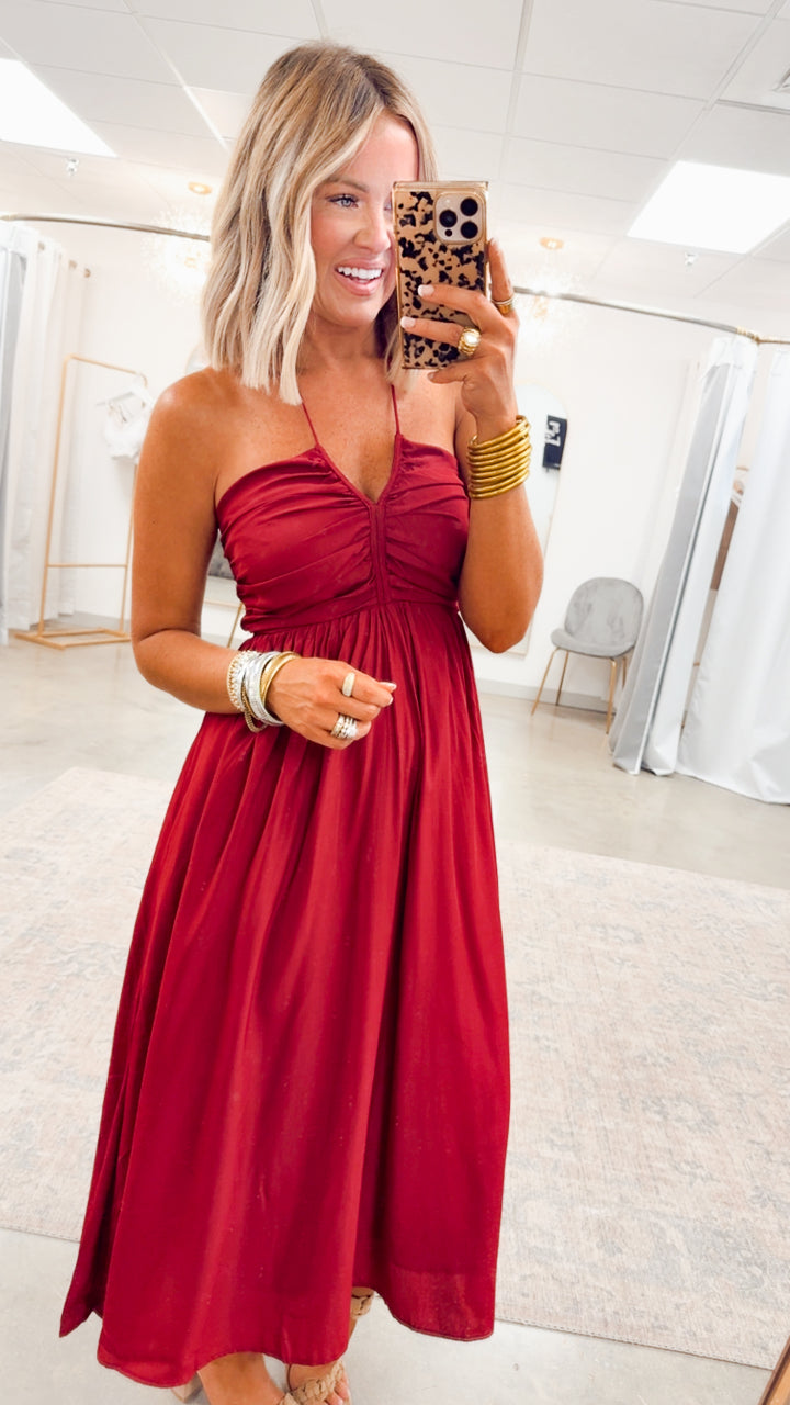 Anastasia Smocked Back Midi Dress-Wine