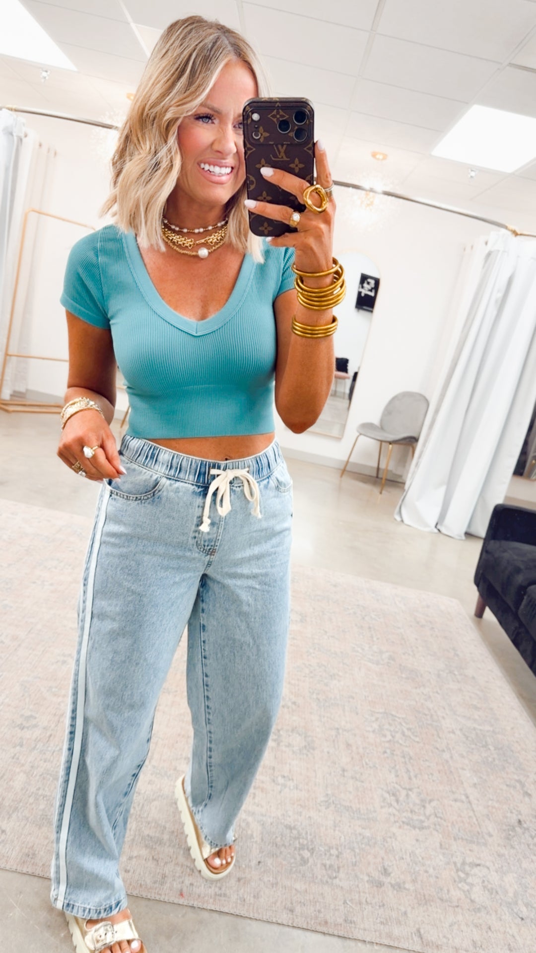Everly V Neck Cropped Tee-Dusty Teal