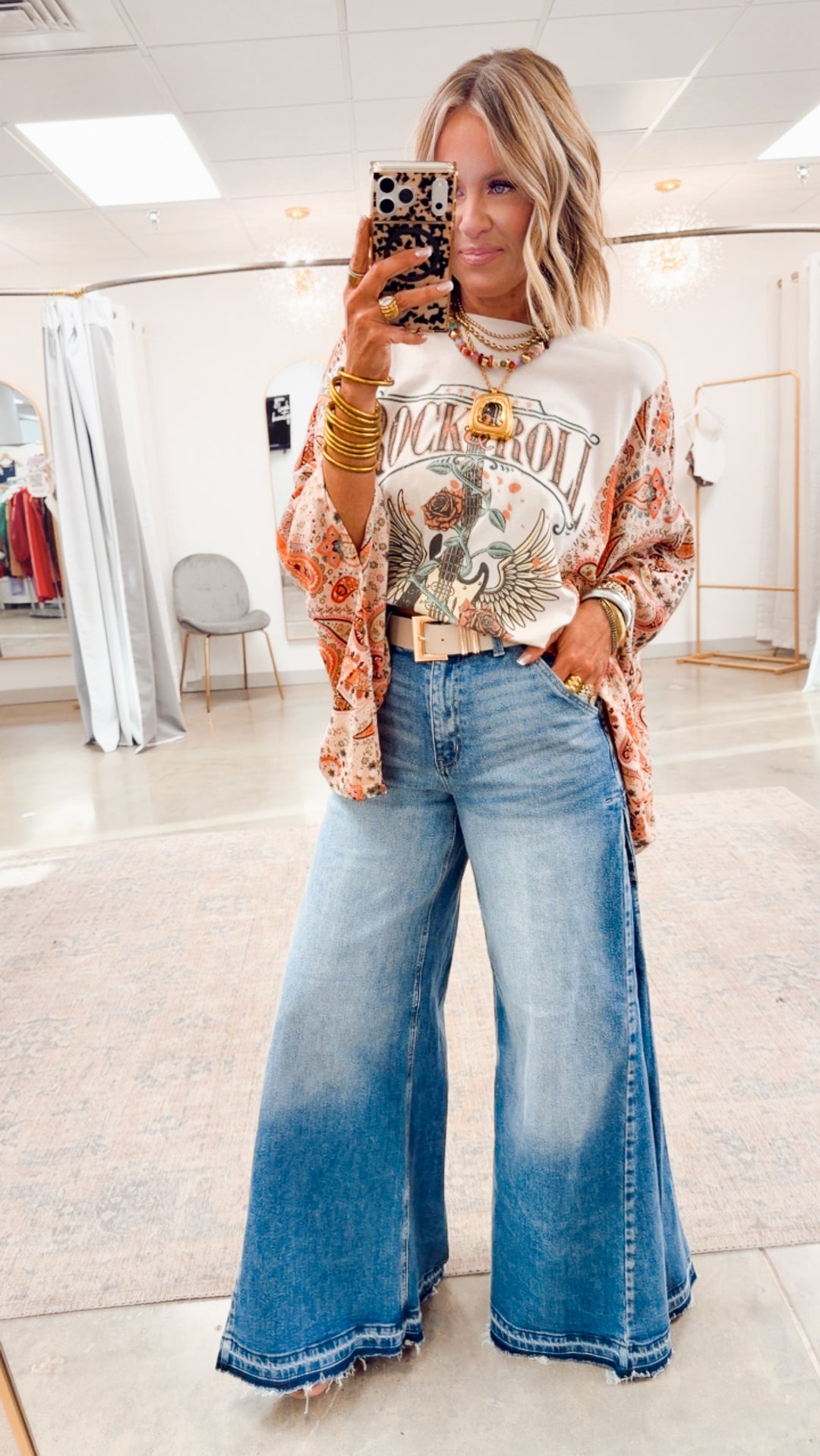 Rock N Roll Graphic Kantha Top-Bone