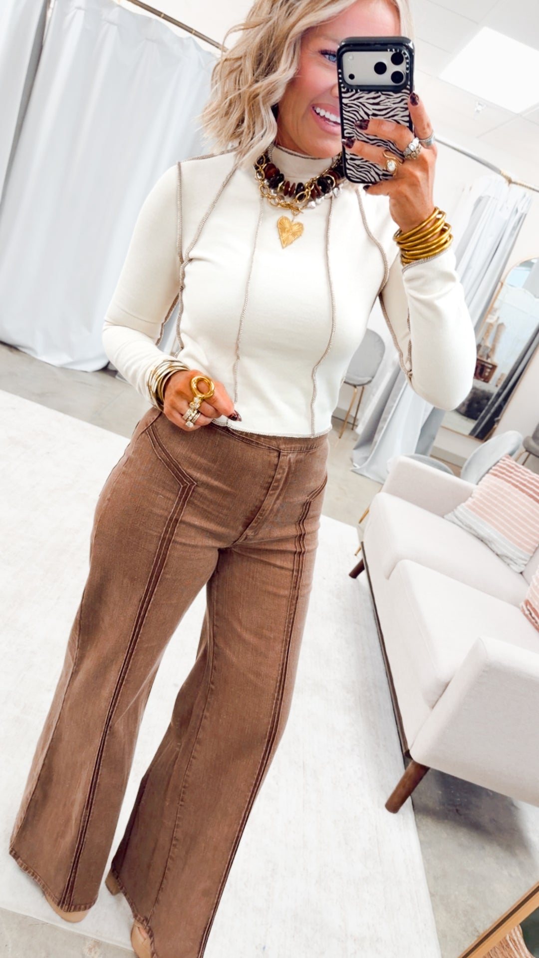 Vera Mock Neck Crop Top-Beige