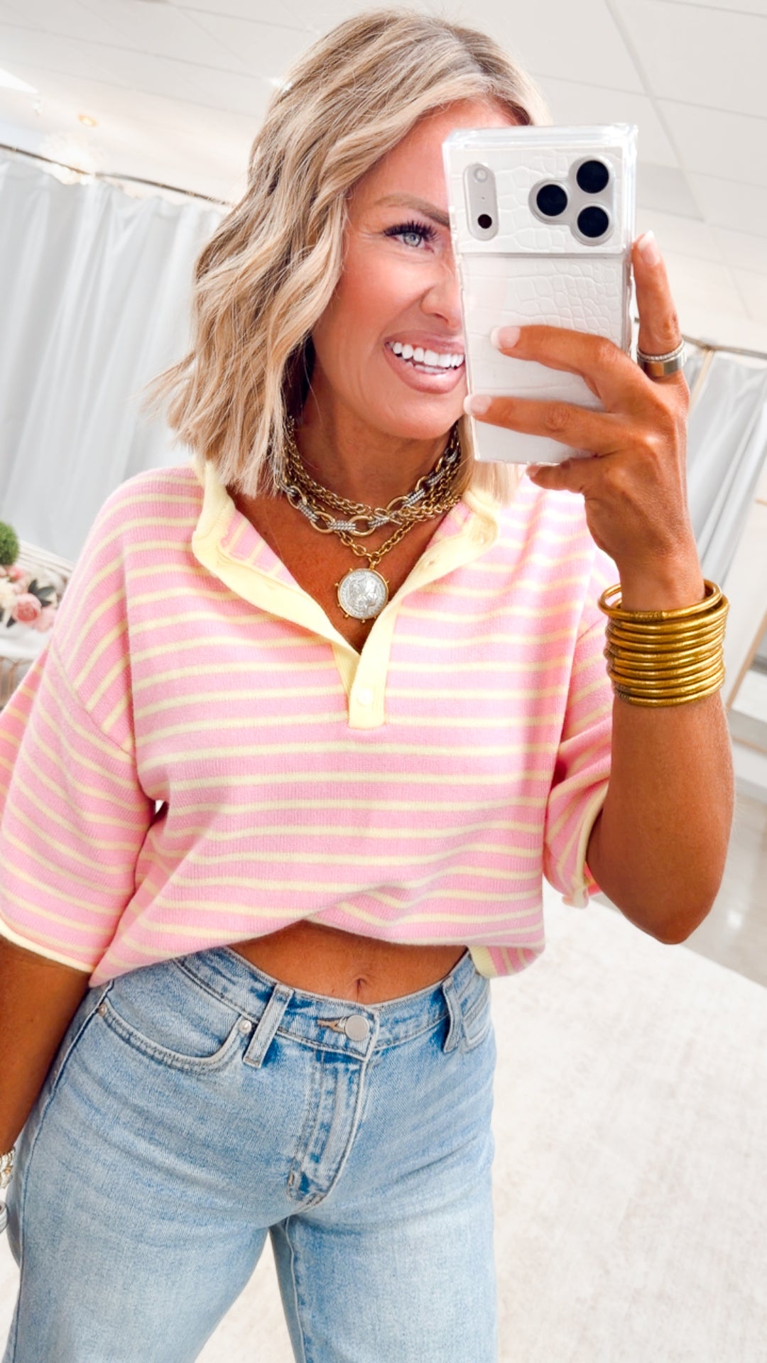 The Shoreline Henley Tee-Pink Lemonade