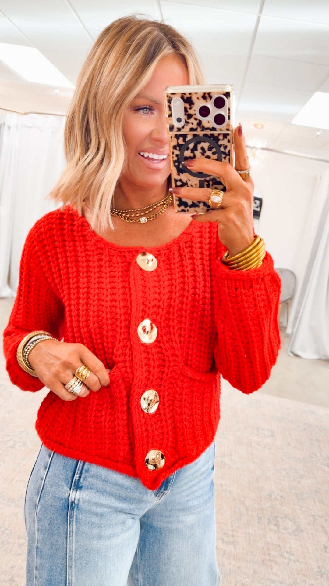 Callie Button Up Cardigan Top-Red