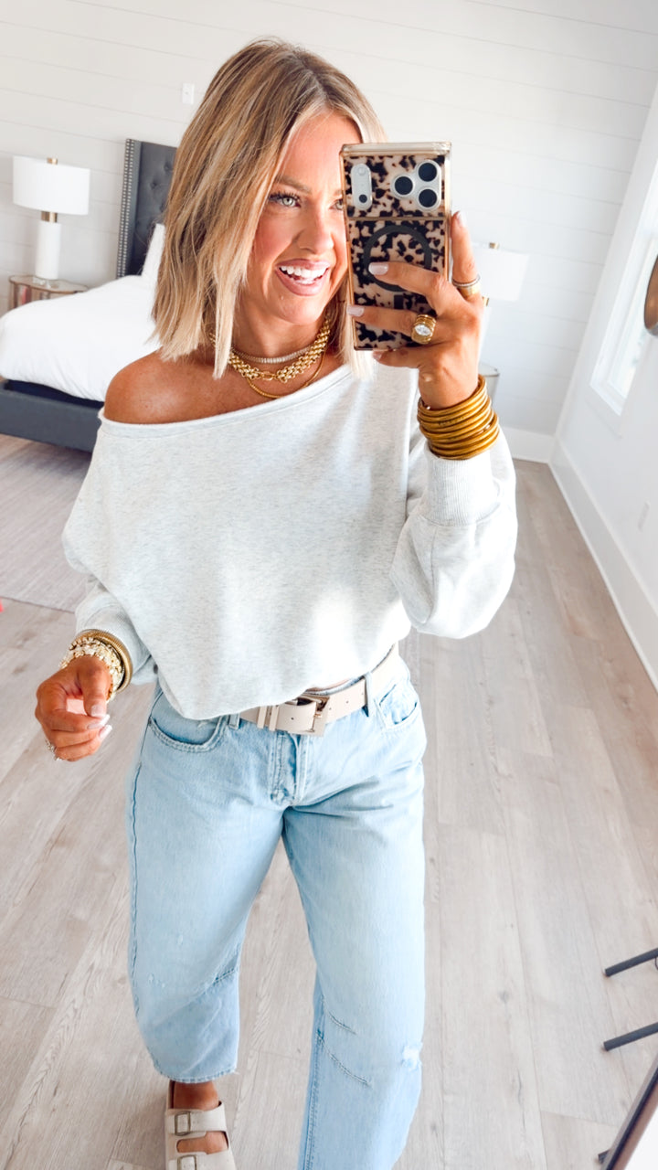 Alina Off Shoulder Sweatshirt-White Melange
