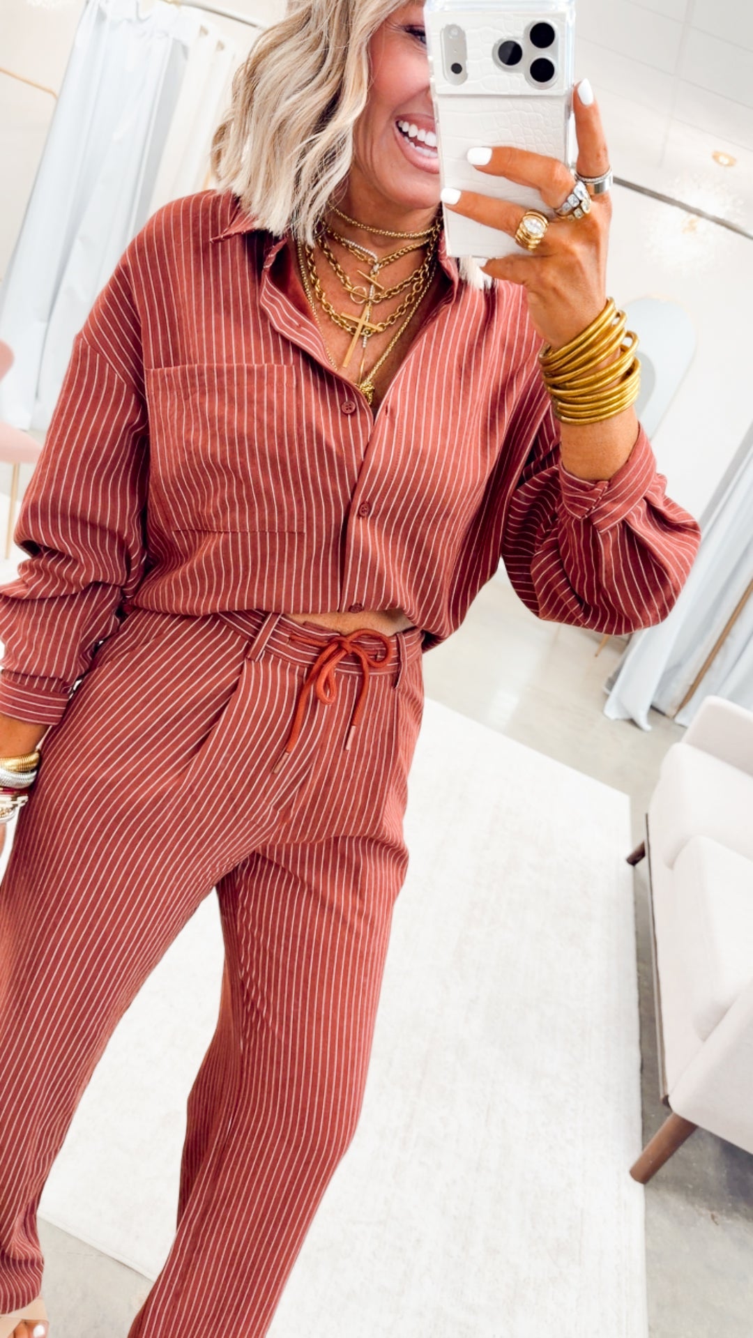 Lexi Pinstripe Top & Pants Set-Burgundy