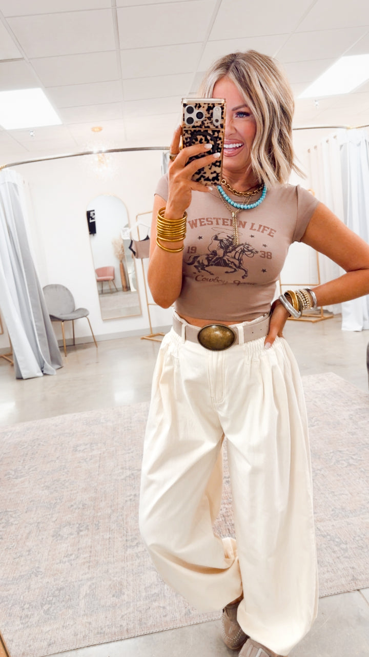 Western Life Graphic Crop Tee-Taupe