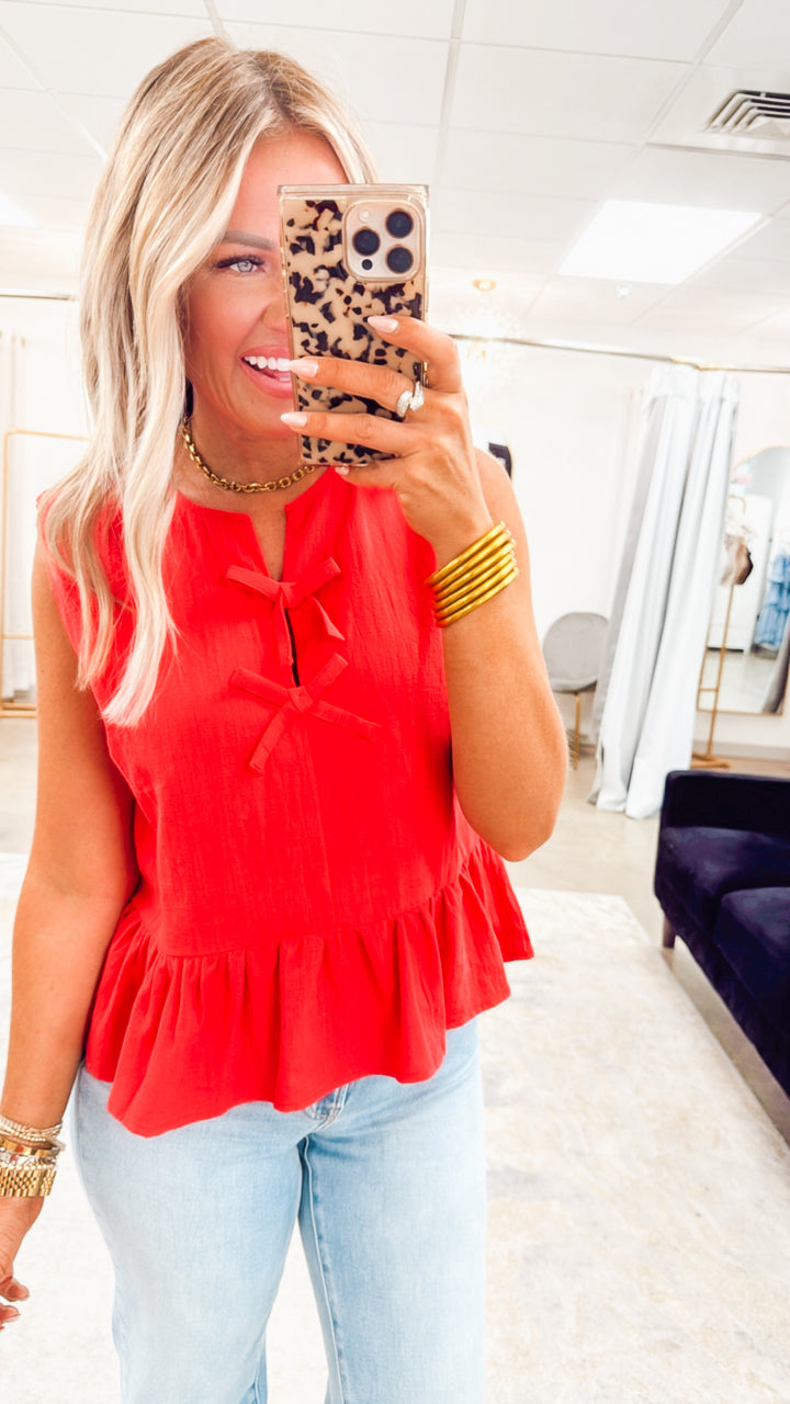 Bella Bow Peplum Top-Red