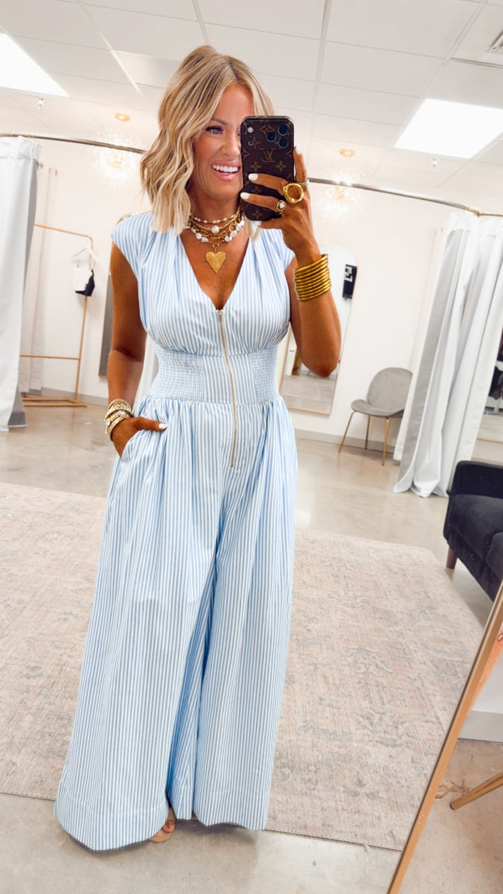 The Blue Bay Jumpsuit-Blue/White