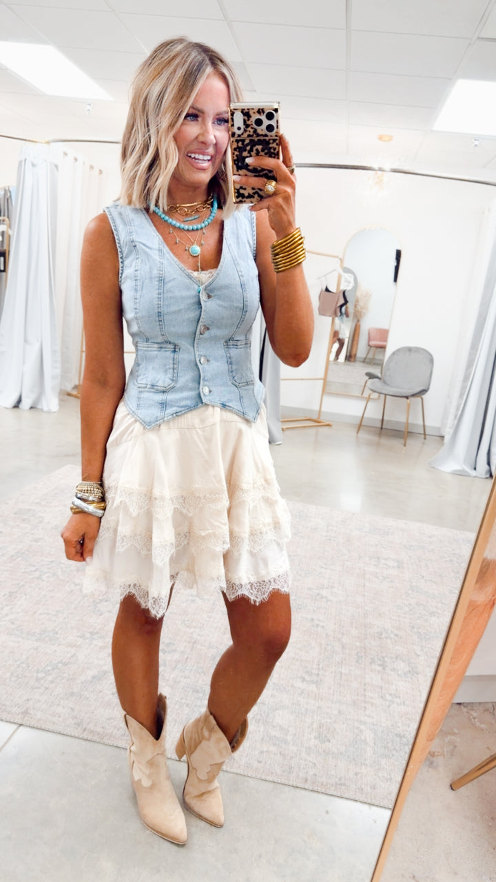 Scallop Lace Slip Mini Dress-Cream