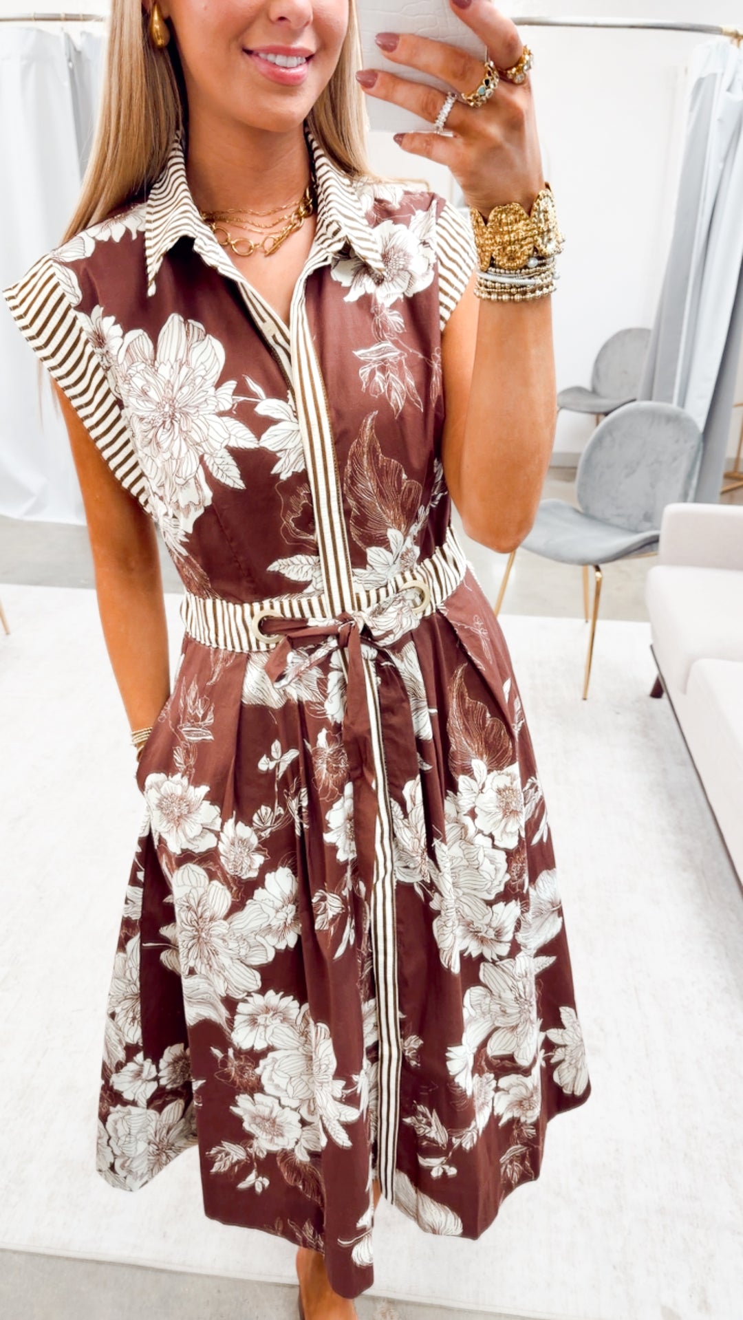 The Botanical Charm Midi Dress-Brown