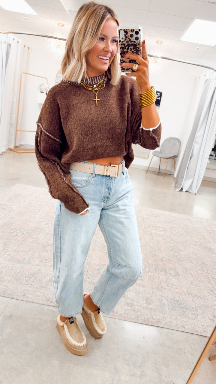 Waverly Exposed Seam Sweater-Brown