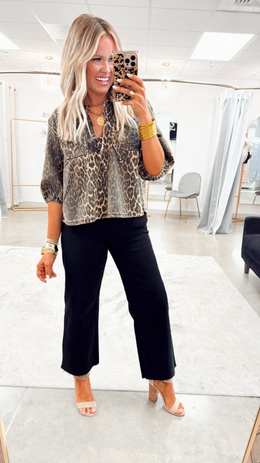Bow Detail Leopard Denim Top