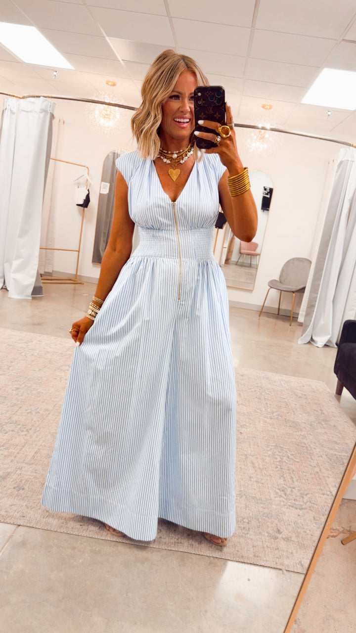 The Blue Bay Jumpsuit-Blue/White