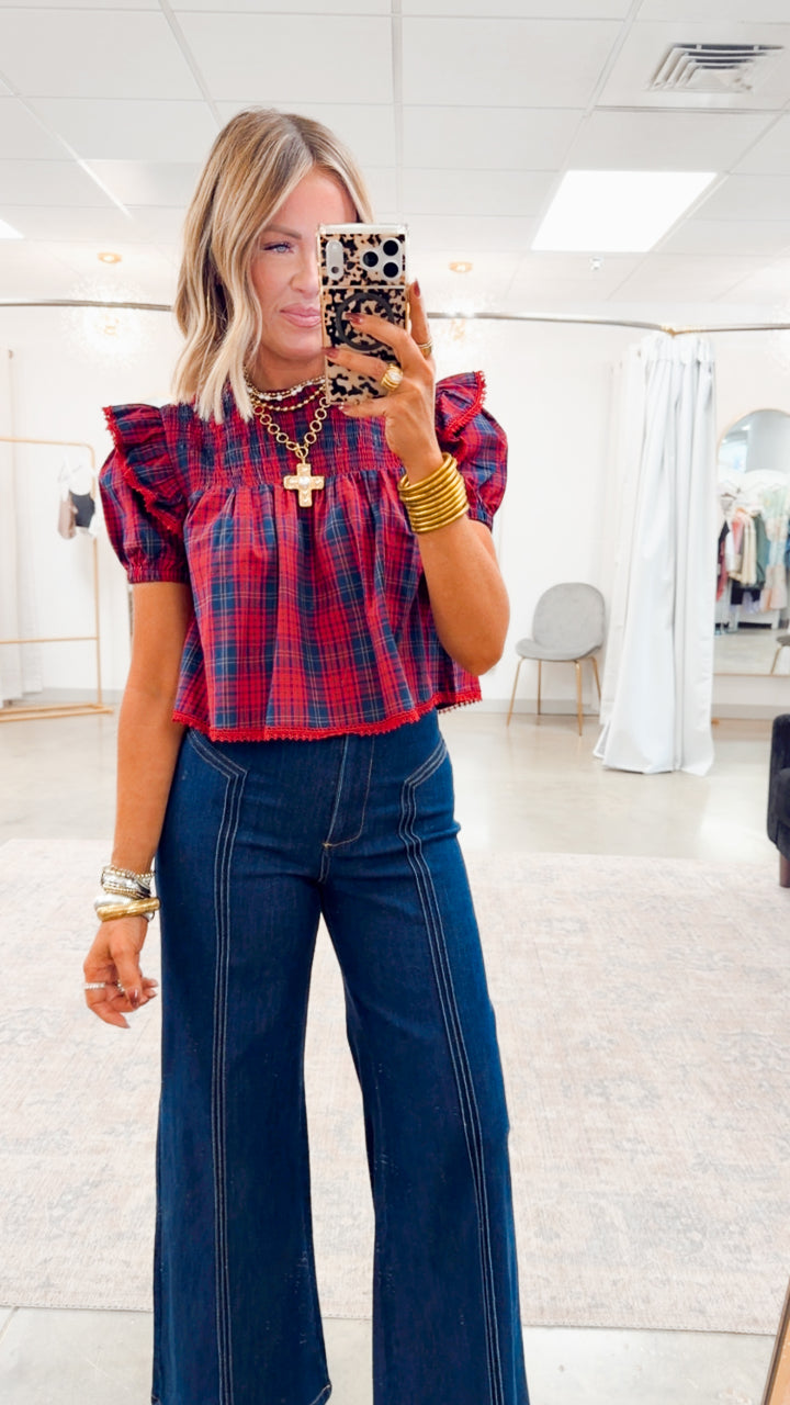 Plaid Tidings Top-Red/Navy