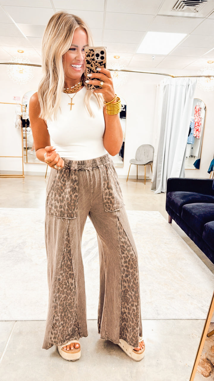Mineral Washed Leopard Print Flare Pants