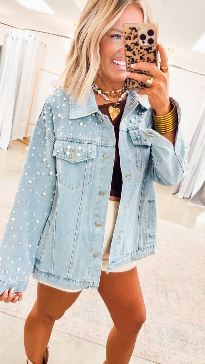 Pearl and Rhinestone Denim Jacket