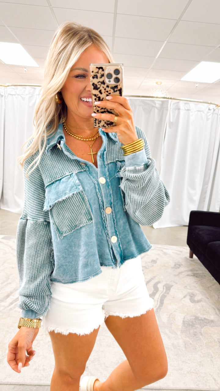 Vintage Mineral Wash Shacket - Teal