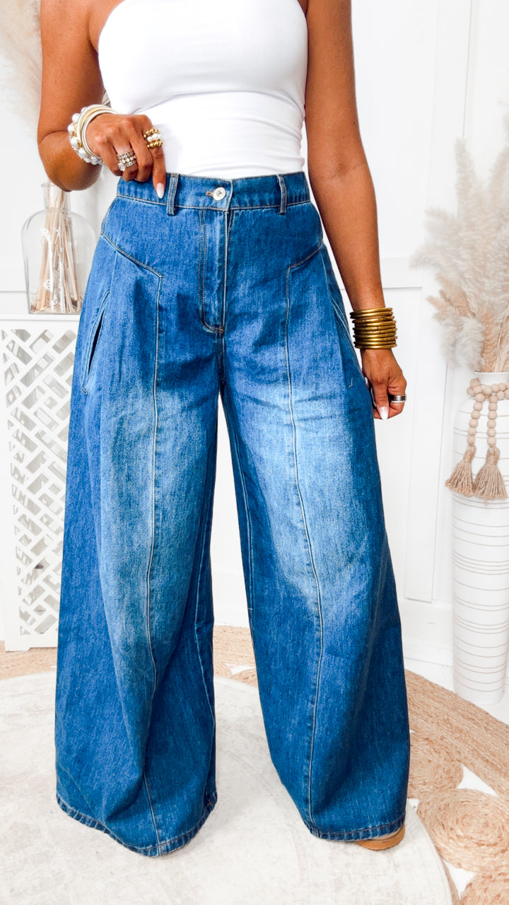 The Beckham Pleated Wide Leg Jean-Denim