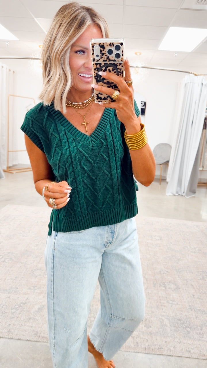 Lena Cable Knit Sweater Top-Green