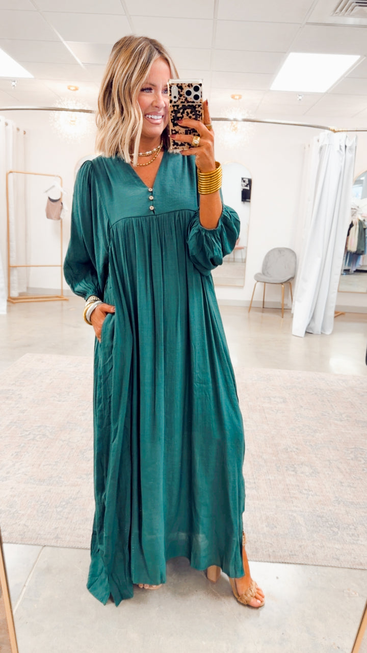 Bell Sleeve Midi Dress-Hunter Green