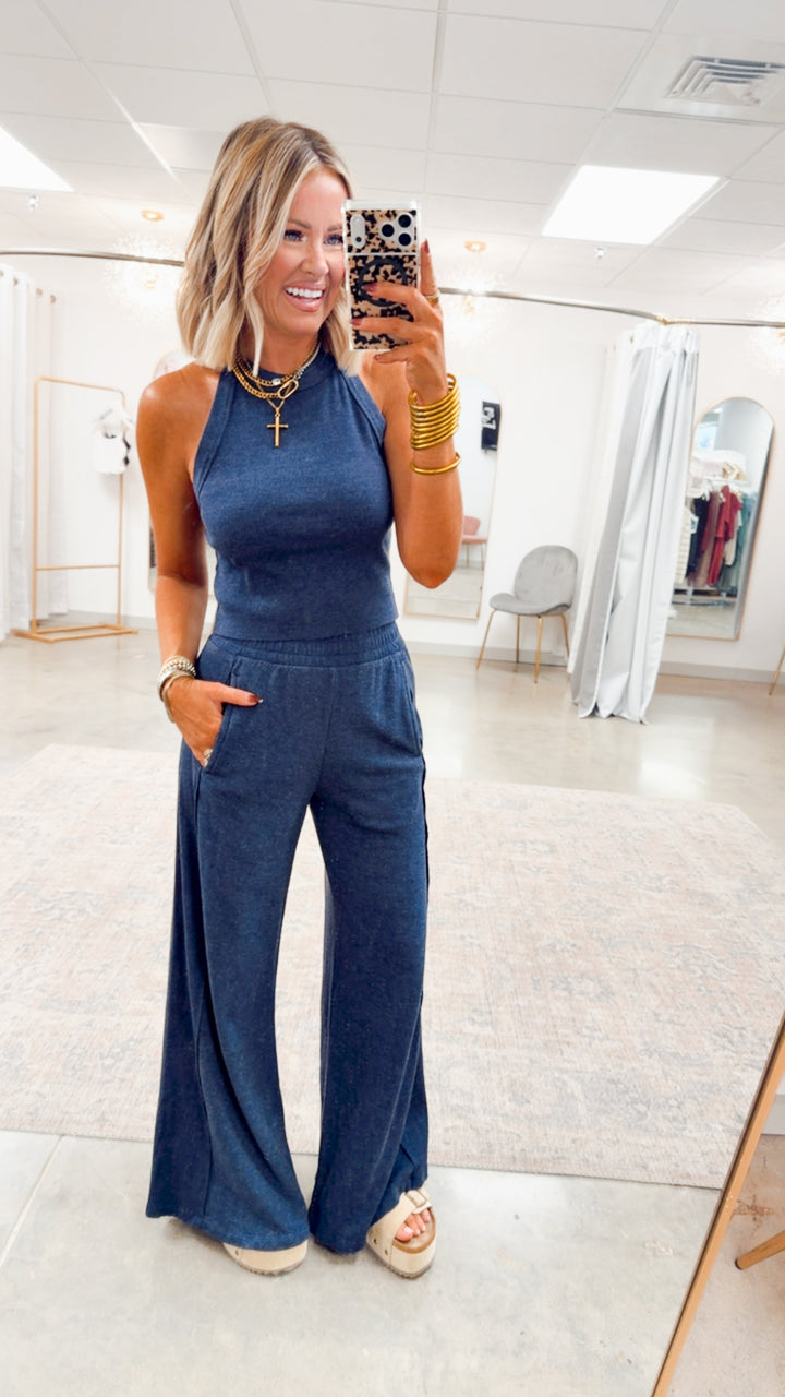 Harlow Halter Neck Crop Top & Pants Set-Navy