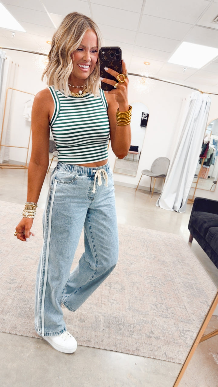 Striped Ribbed Racerback Tank-Green