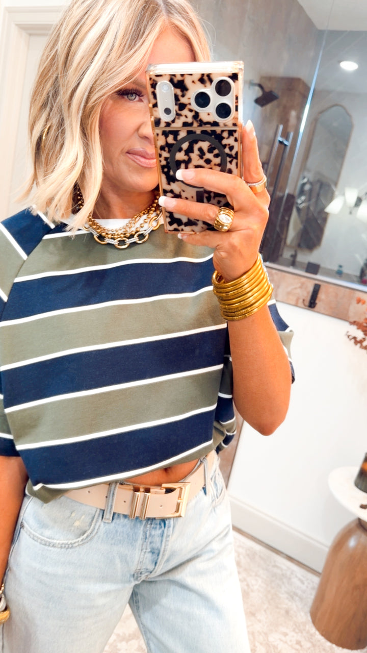Stripe Edit Top-Olive/Navy