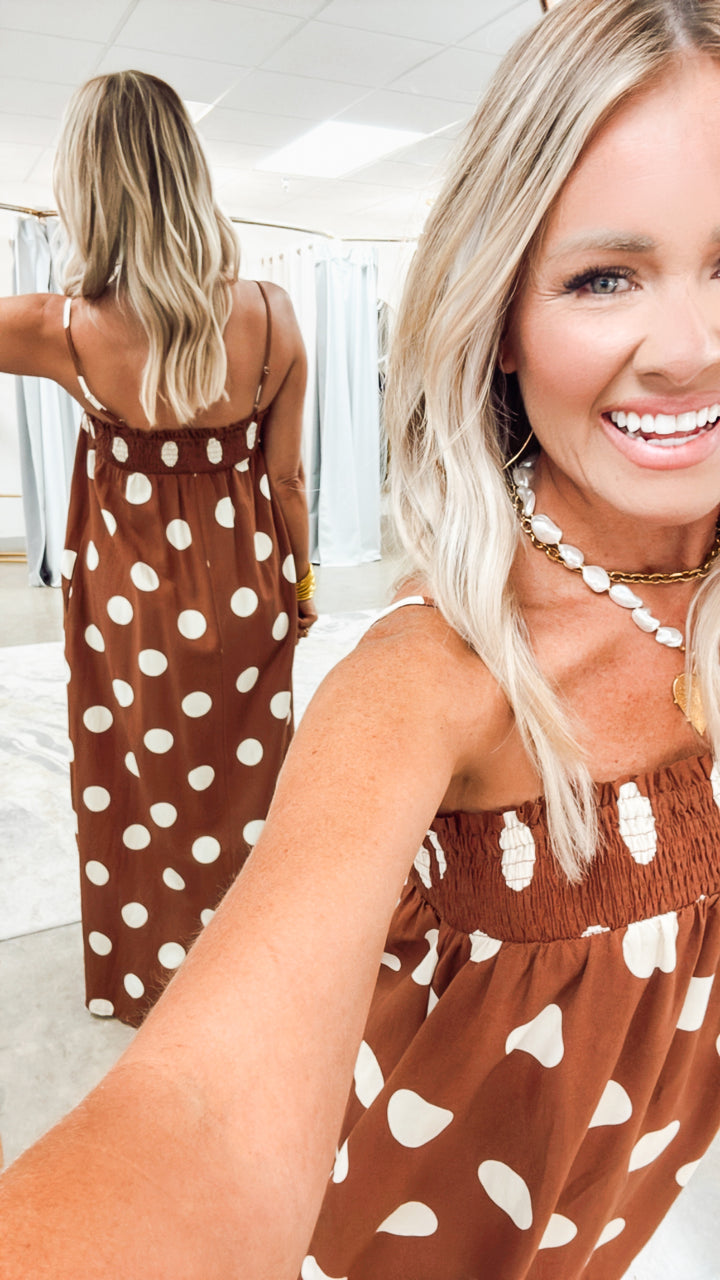 Polka Dot Smocked Maxi Dress- Brown