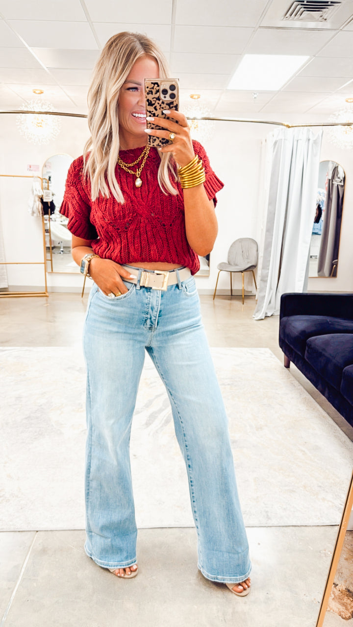 Cable Knit Sweater Top-Wine