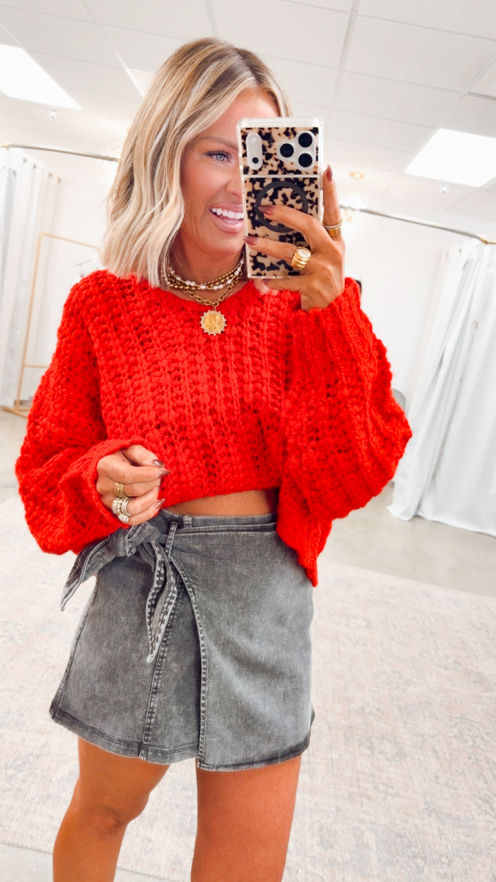 Poppy Cropped Sweater-Red