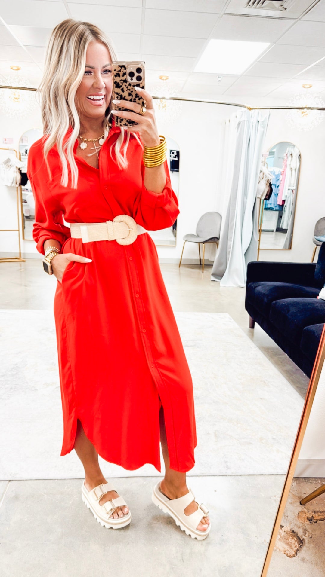 The Elle Oversized Midi Shirt Dress- Red