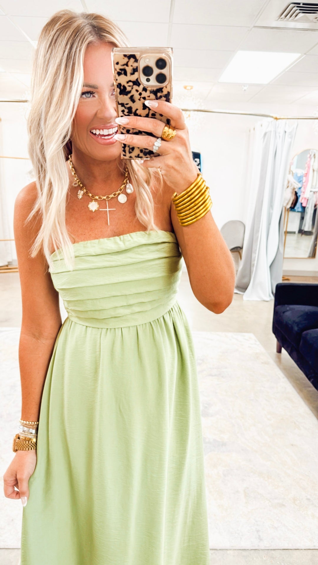 Pleated Bodice Strapless Midi Sundress- Green