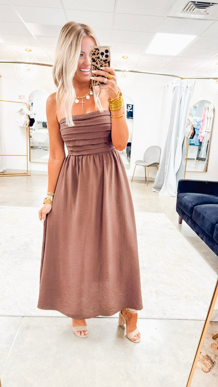 Pleated Bodice Strapless Midi Sundress- Brown