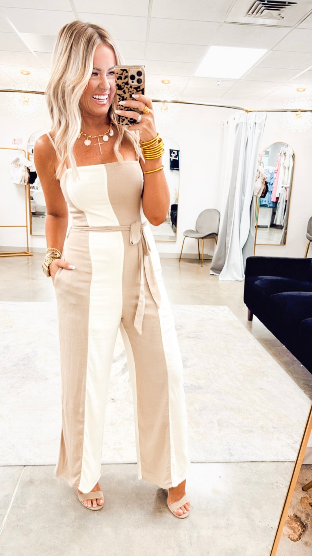 Wide Stripe Belted Jumpsuit- Taupe