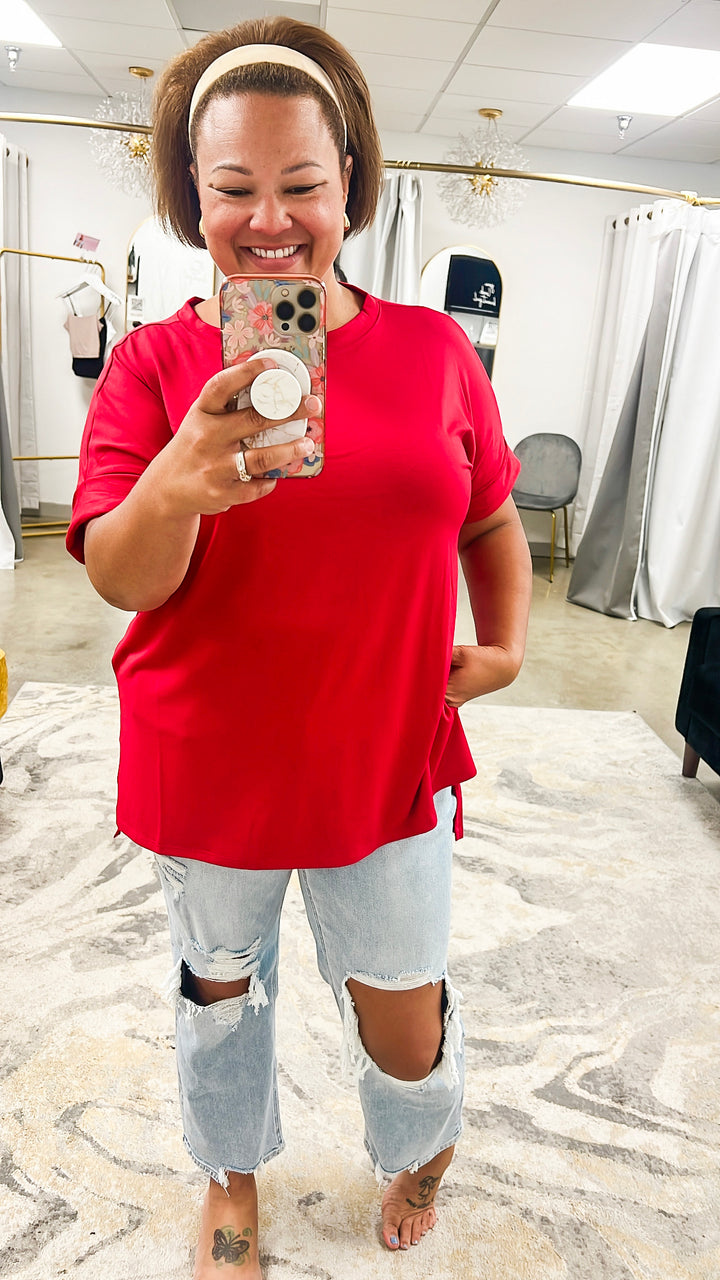 Rolled Sleeve Side Slit Hi-Low Hem Curvy Girl Top