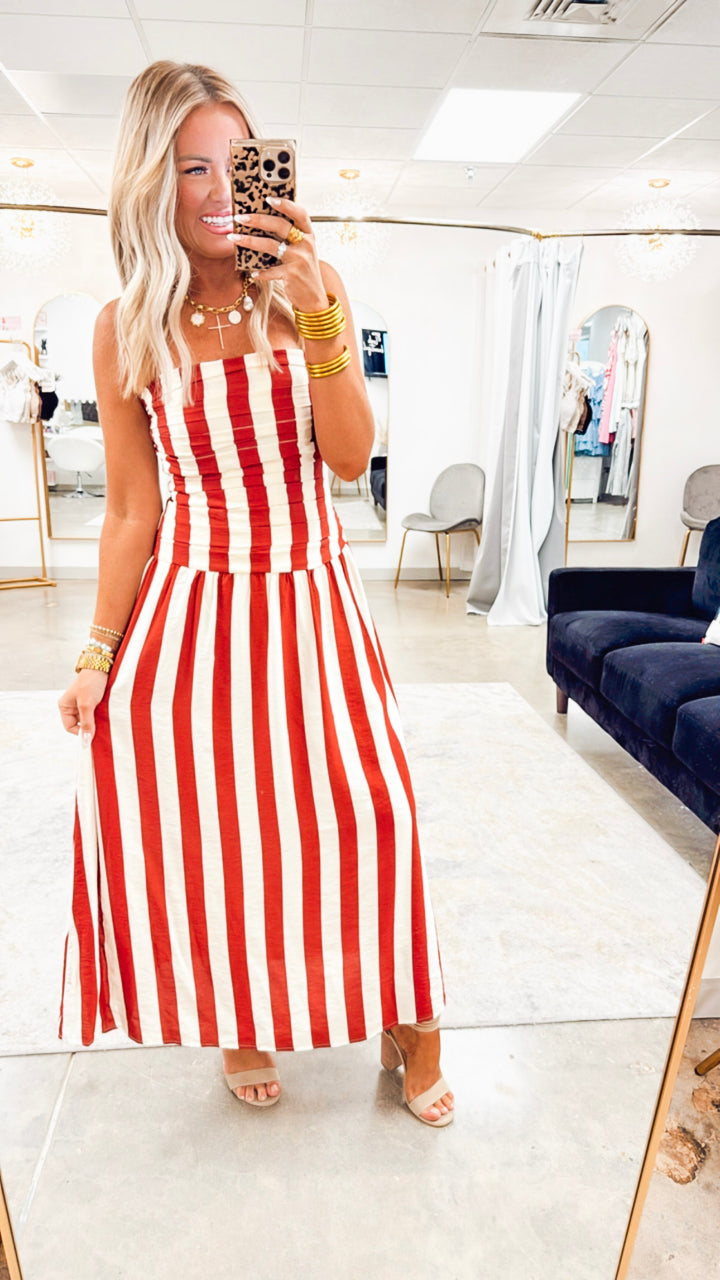 Vertical Stripe Strapless Midi Dress-Red