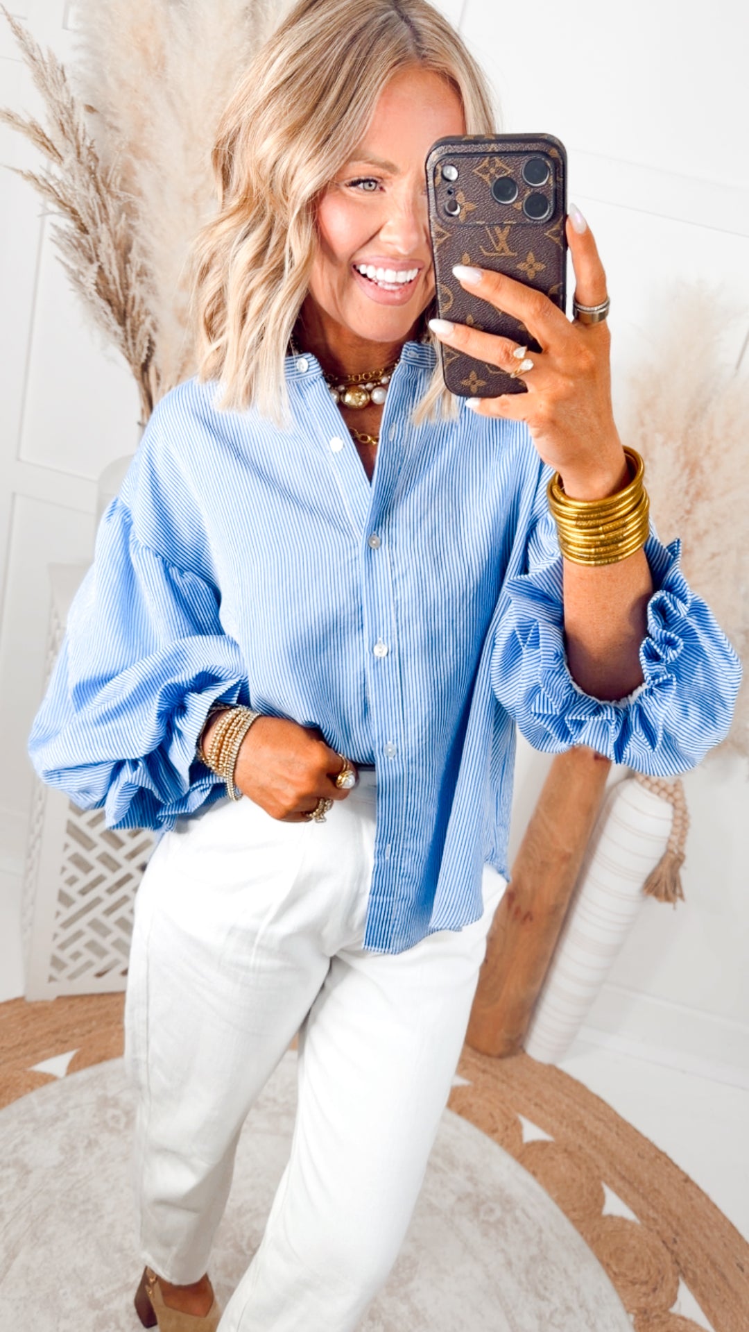 Pinstripe Bubble Sleeve Top