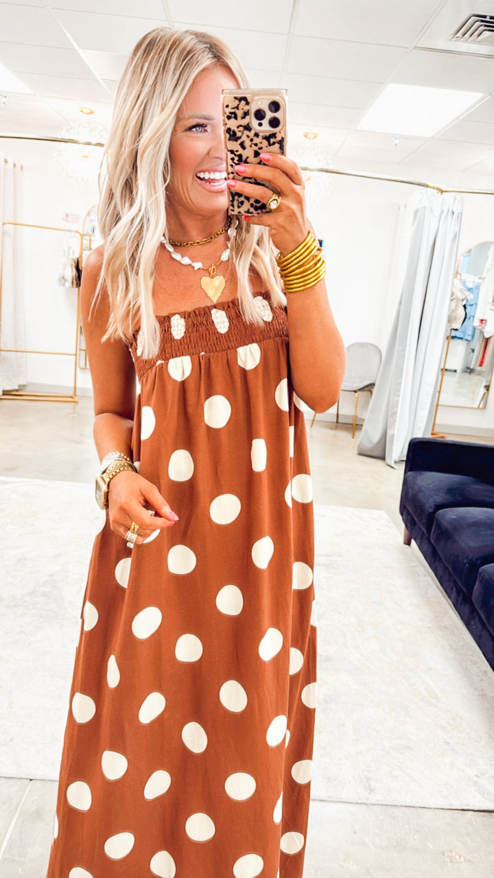 Polka Dot Smocked Maxi Dress- Brown