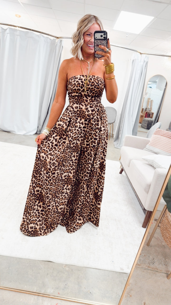 The Leopard Print Strapless Jumpsuit-Brown